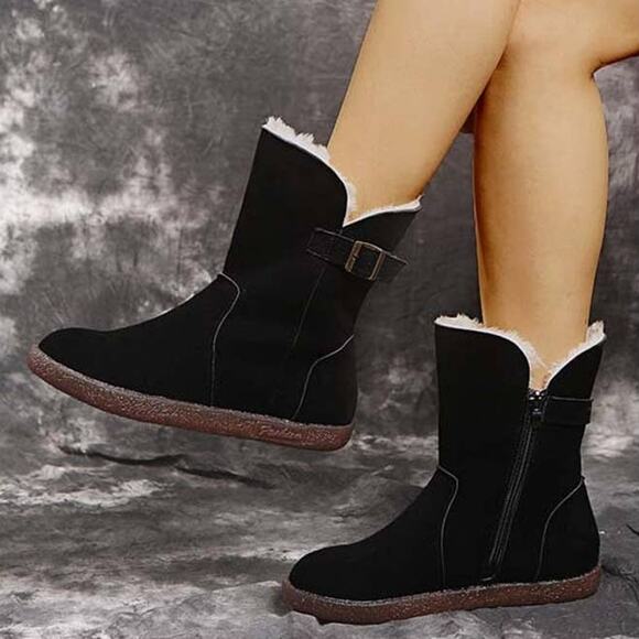 Black Ankle Boot Womens Size 5.5 Buckle Accent Faux Fur Bootie - Picture 3 of 9